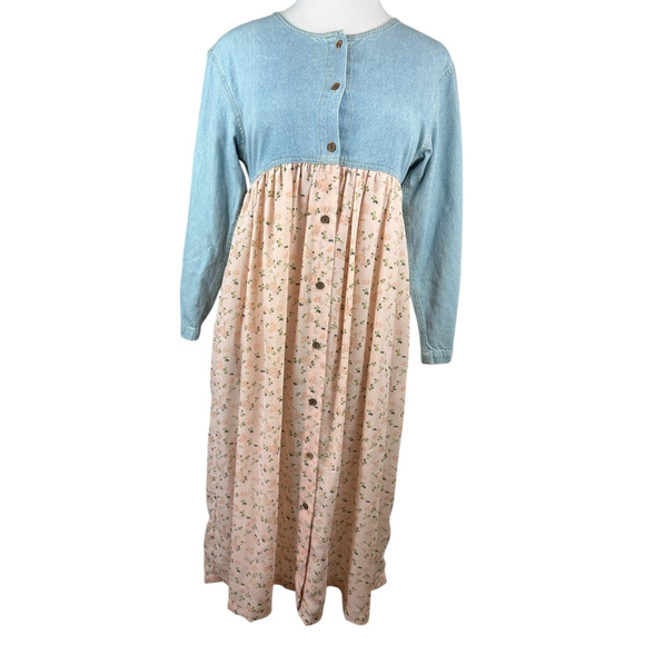 Vtg 90s Express Prairie Dress Denim Bodice Floral Maxi Cottagecore Coquette M - Picture 14 of 15
